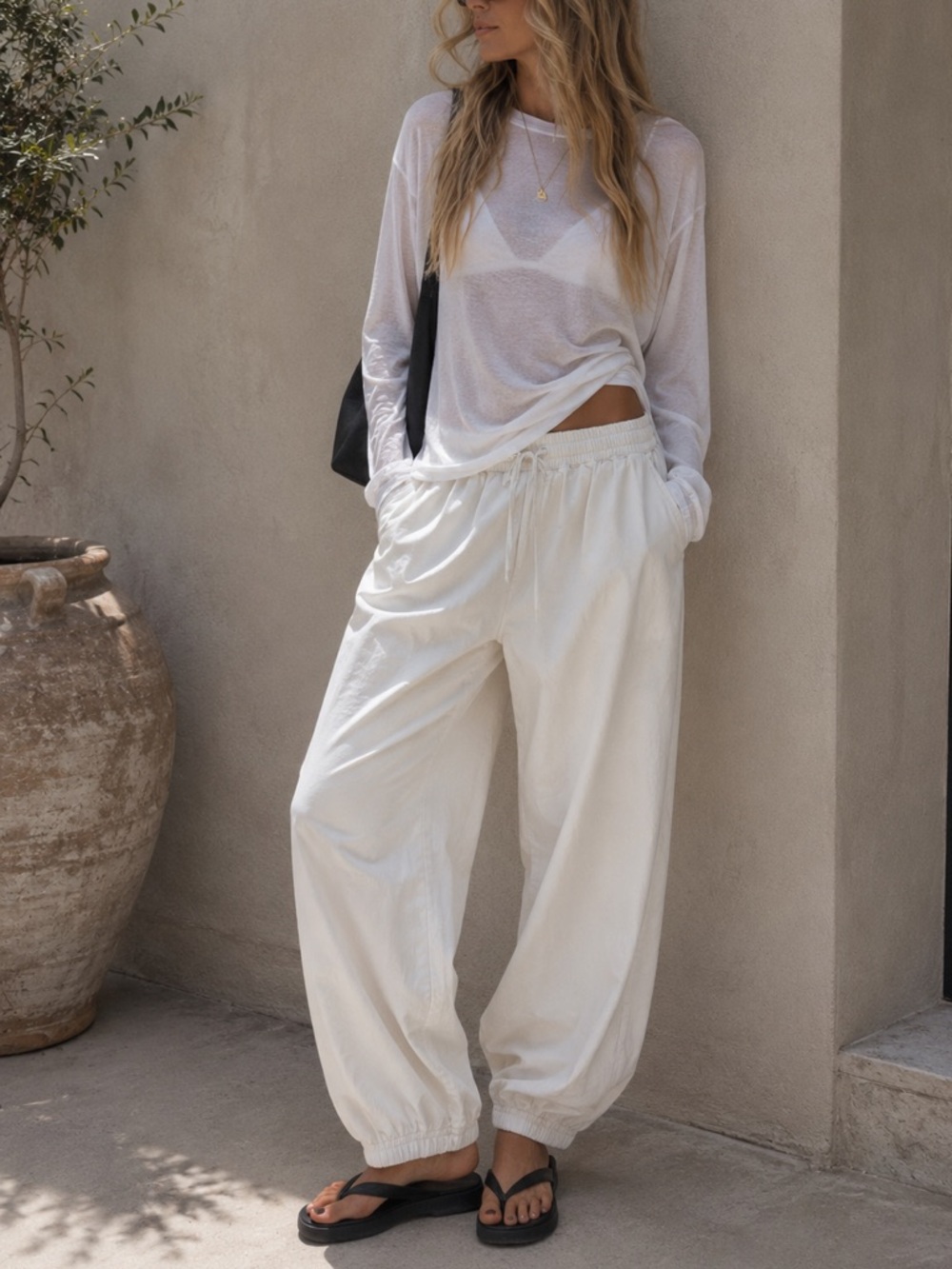 Women's White Drawstring Elastic Waist Jogger Pants